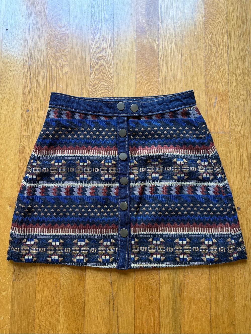 BDG Navy and Burgundy Patterned Button-Front Mini Skirt